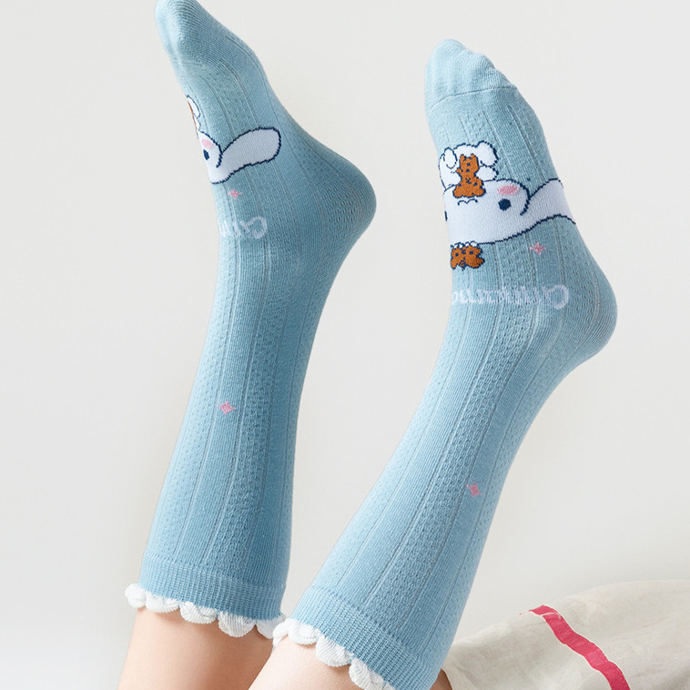 ถุงเท้า เด็ก ยาวถึงเข่า ผ้าฝ้ายแท้มีความยืดหยุ่นสูงระบายอากาศได้ดี，ถุงเท้าเด็กผู้หญิง 8 ขวบ นุ่มสบายผิวตกแต่งด้วยลวดลายการ์ตูน สุนัขหูใหญ่ สีฟ้า สีขาว，แฟชั่นฤดูร้อน หลากหลาย และสวยงาม - รูปที่ 5
