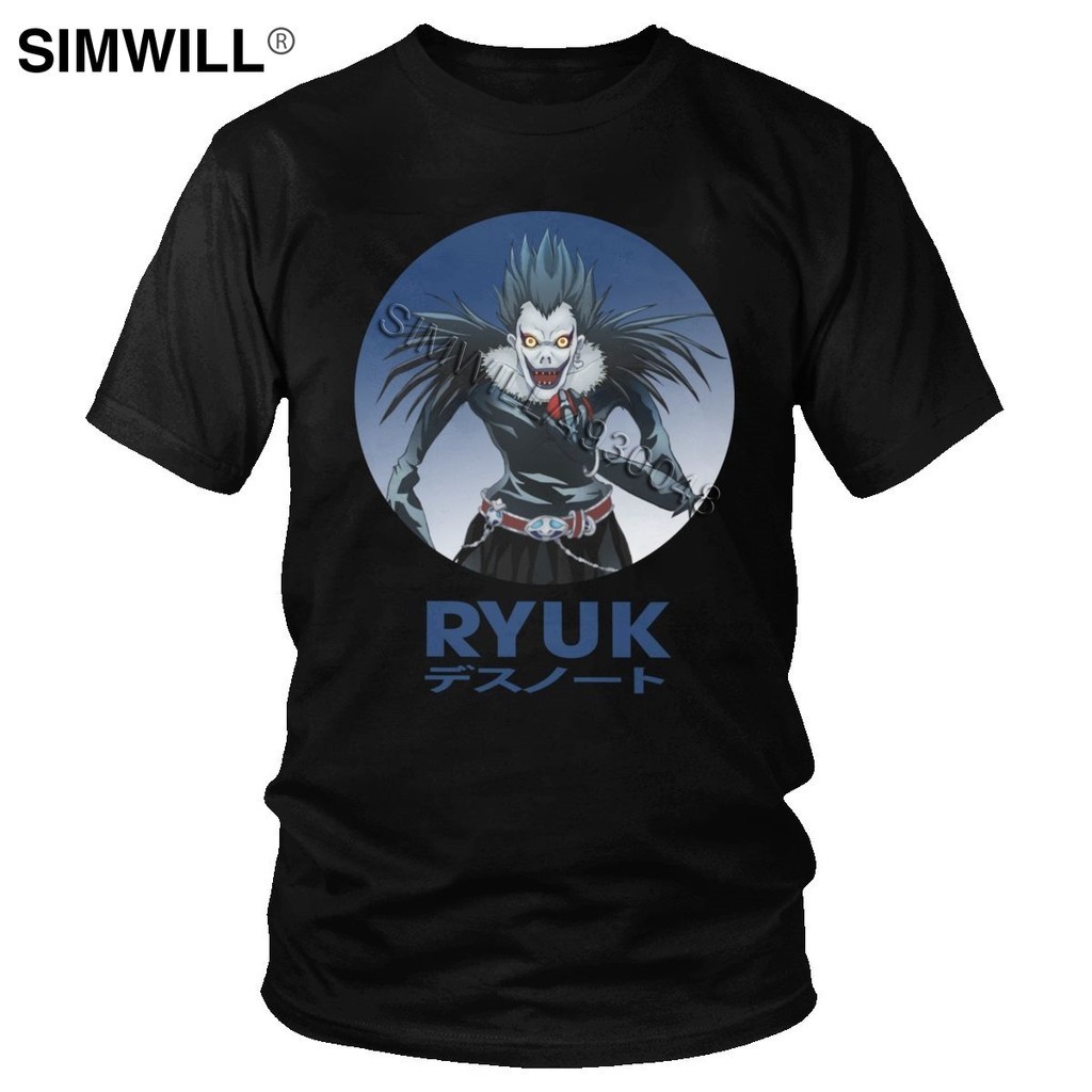 Cool Men Ryuk Anime T-Shirt สีท์แขนสั้นผ้าฝ้ายนุ่ม สไตล์ STREETWEAR มังงะDeath Note และShinigami