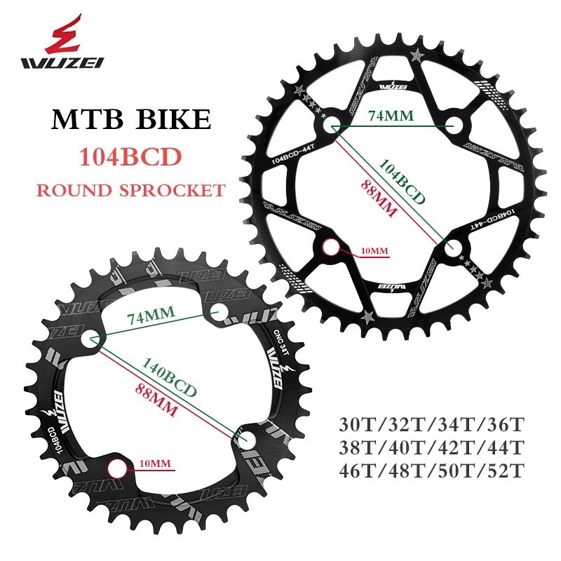 WUZEI MTB จักรยาน 104BCD Chainwheel แคบกว้างทรงกลม 30/32/36/38/40/42/45/44/4/48/52T จักรยาน Chainring แผ่นเดี่ยว