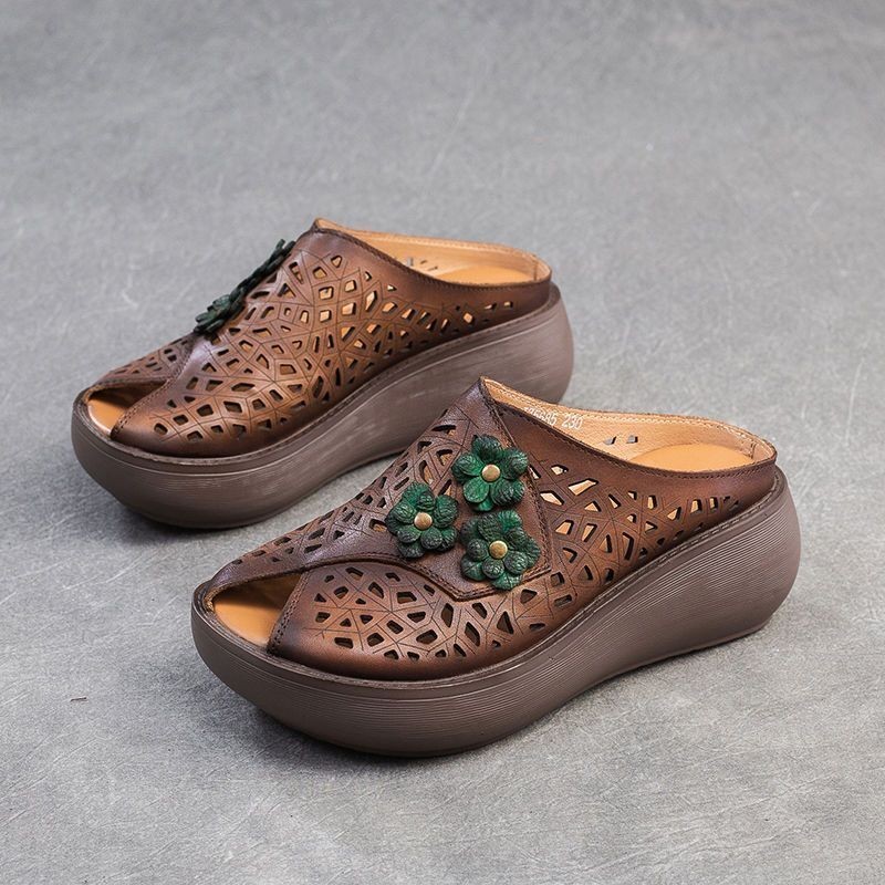 หนา Soled รองเท้าแตะ Ultra-Light-Soled 2024 หนังนุ่มสไตล์ใหม่ Retro ชาติพันธุ์ Hollow Lazy รองเท้า - รูปที่ 4