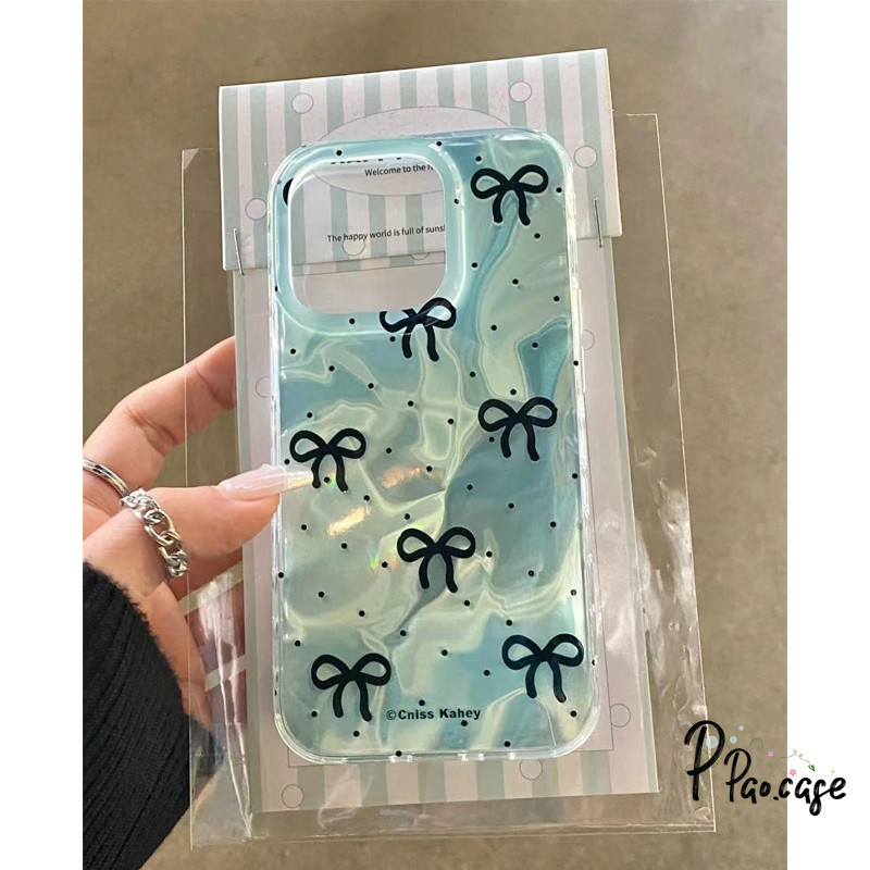 โบว์สีดำลายจุดสีเขียวน้ำลายไหลเข้ากันได้กับ IPhone 7Plus 13 15 11 12 14 Pro Max XR 15 8 14 6 6S Plus X XS Max