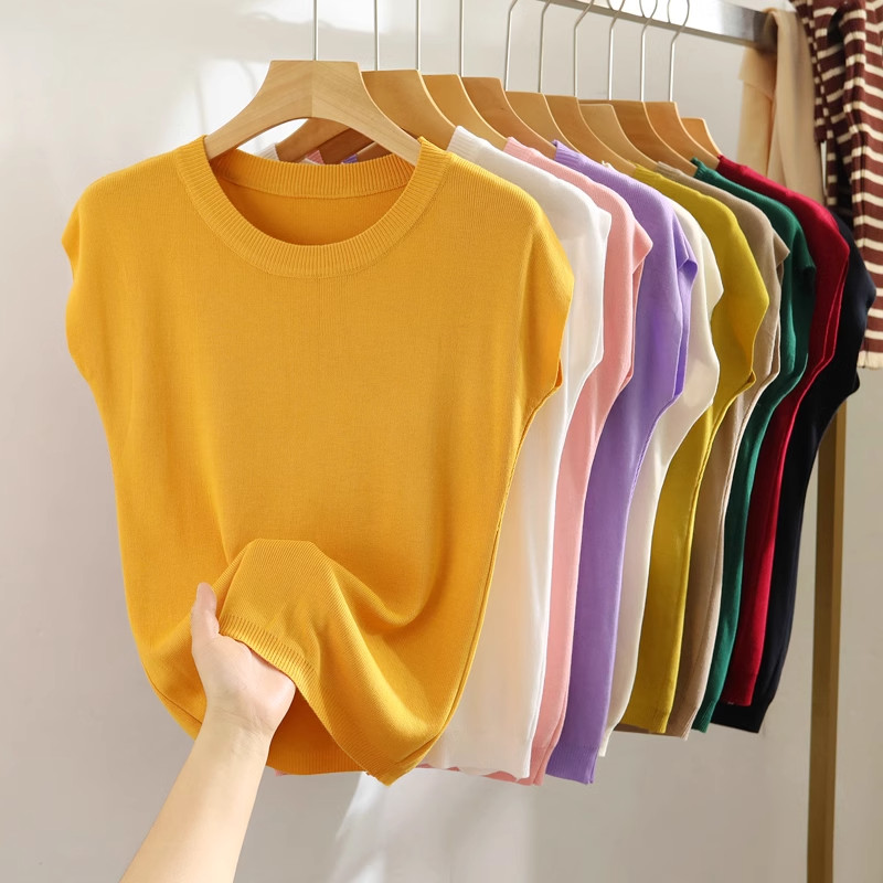 สีบริสุทธิ์ผ้าไหมน้ําแข็งถักเสื้อฤดูร้อนใหม่ผู้หญิงแขนสั้นเสื้อยืดสบายๆหลวมท็อปส์