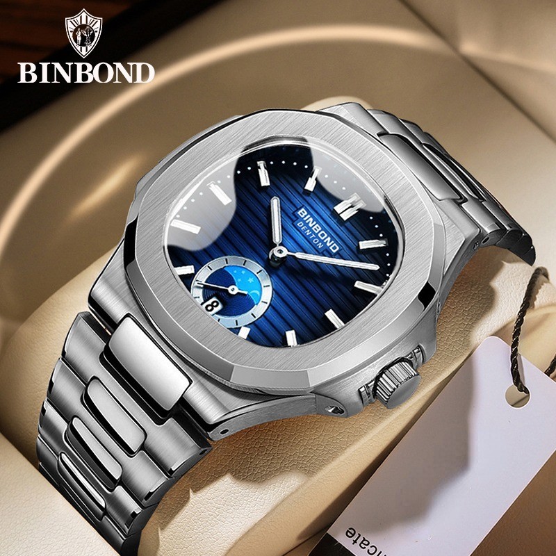 BINBOND หรูหราสบาย ๆ สแควร์สแตนเลสปฏิทินไฟกลางคืนกันน้ำผู้ชายนาฬิกาควอตซ์