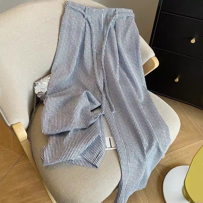 2024 สไตล์ใหม่ขายดี~Dopamine Giant Cover Crotch ลายทางแนวตั้งกางเกงขากว้างสไตล์ขี้เกียจเอวสูง D