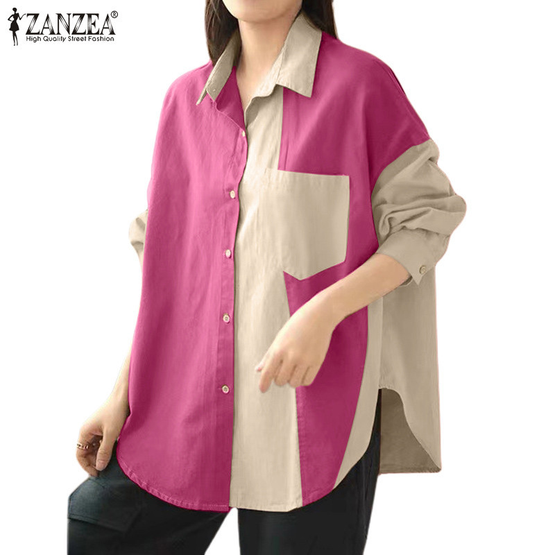 Zanzea เสื้อเย็บปะติดปะต่อกันแขนยาวแฟชั่นเกาหลีสําหรับผู้หญิง