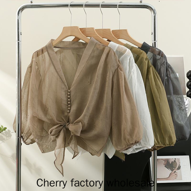 ใหม่แฟชั่นผู้หญิงเสื้อแขนพัฟบางลูกไม้ขึ้นครีมกันแดดชีฟองด้านบนสุภาพสตรีเสื้อผ้าสบายๆ - รูปที่ 4