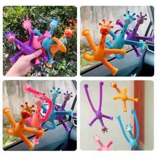 GeeToy ยีราฟที่มีสีสันกล้องส่องทางไกลถ้วยดูดของเล่นหลากหลายรูปร่างยืดหลอดป๊อปของเล่นบีบอัดของเล่นอยู่ไม่สุข