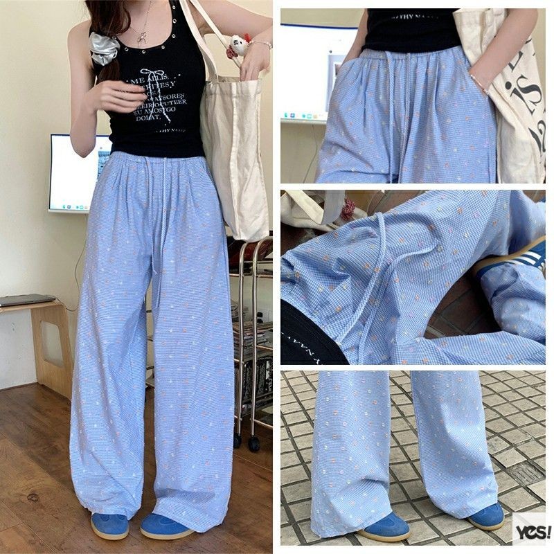 กางเกง Drawstring ลายสก๊อต Textured Polka-dot กางเกงขากว้าง Casual กางเกงขาตรงผู้หญิง YES