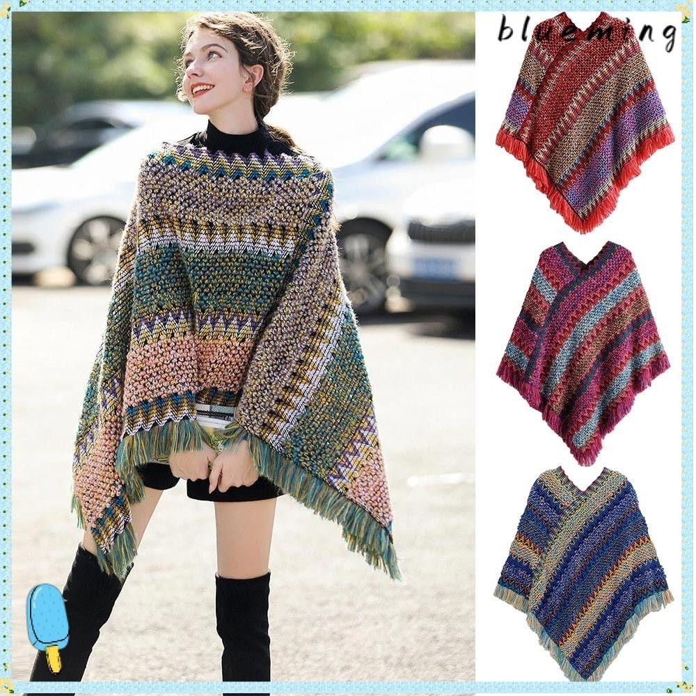 สีฟ้า2 เสื้อปอนโชมองโกเลีย,ลายฤดูหนาวที่อบอุ่นเสื้อสวมหัวพู่ผ้าคลุมไหล่,โพลีเอสเตอร์นุ่มสไตล์ชาติพันธุ์ถักเคปผู้หญิงแฟชั่น