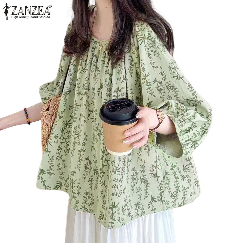 ZANZEA ซานเซีย ผู้หญิงเกาหลีเรียบง่ายรอบคอพิมพ์ดอกไม้จีบเสื้อหลวม