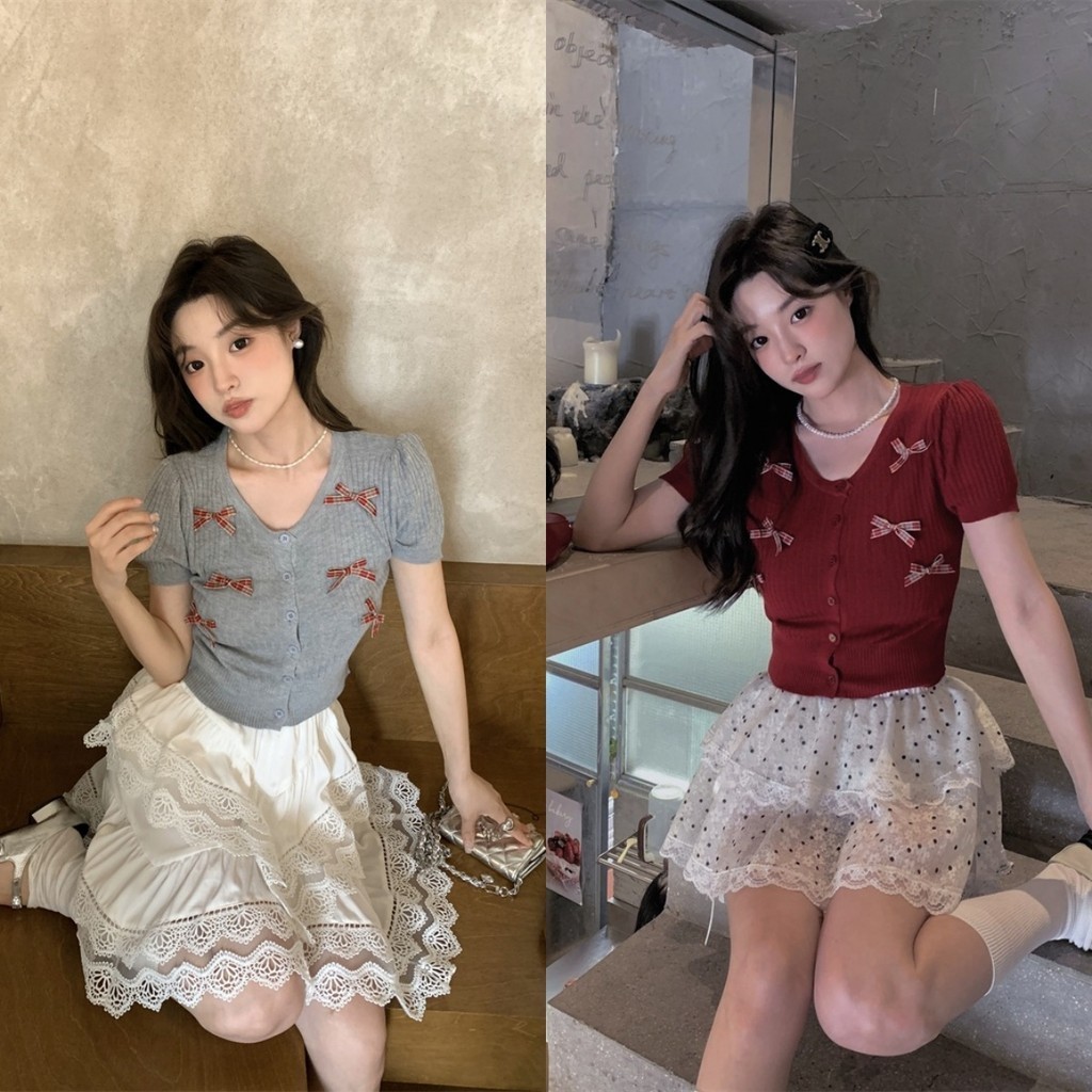 Kaekai พร้อมส่ง เสื้อยืด แขนสั้น ดีเทลแต่งโบว์ สไตล์เกาหลี เนื้อผ้าไหมพรมงานร่อง ใส่สบาย ทรงสวย เข้ารูป แมทซ์ลุคง่าย