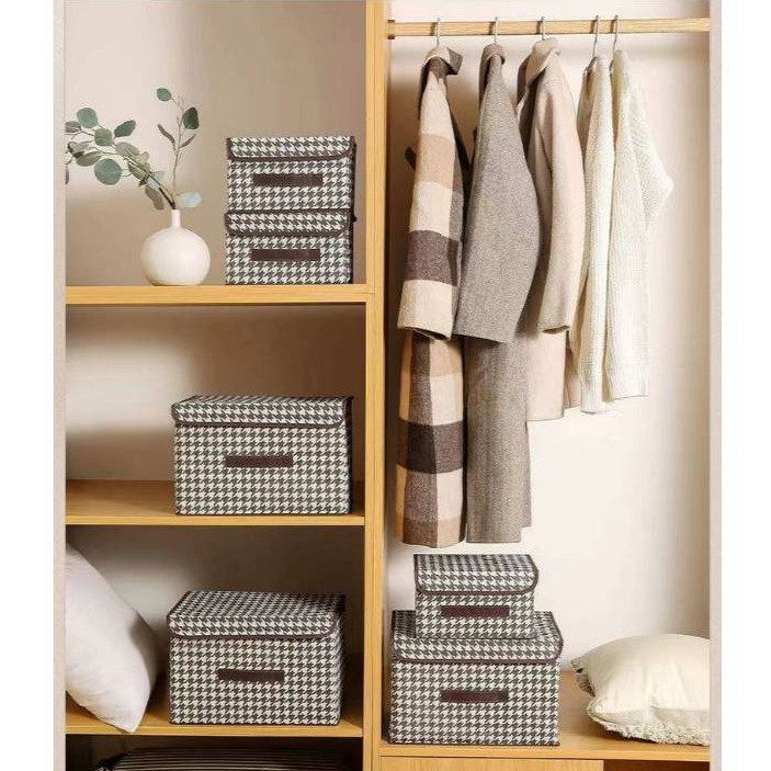 LOVE_ll 🌻กล่องเก็บของเอนกประสงค์ ลายฮาวด์สทูธ กล่องใส่ของ ใส่เสื้อผ้า พับเก็บได้ สำหรับหอพัก/ห้องนอน