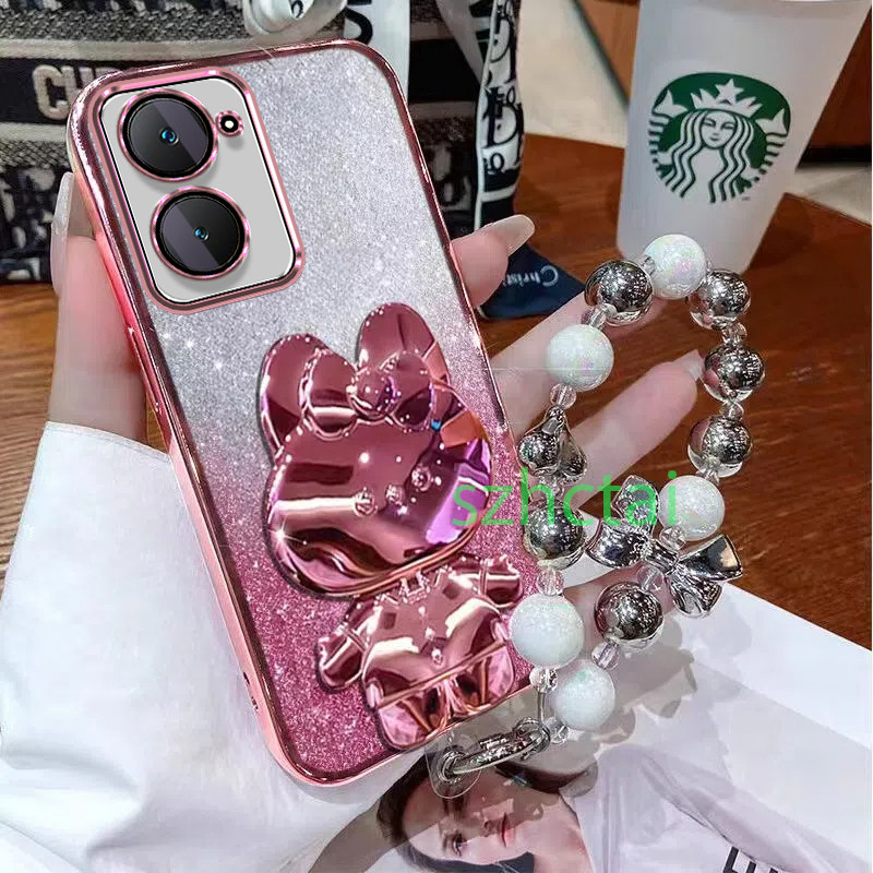 เคสโทรศัพท์ Vivo Y03 Y18 Y100 5G Y27S Y36 5G Y27 5G Y17S Y16 Y02 Y02T กระต่ายน่ารักวงเล็บกระจกหรูหรานุ่มกันกระแทกฝาหลังพร้อมสร้อยข้อมือเชือกแขวน เคส Vivo Y03 Y18 Y100 5G Y27S Y36 5G Y27 5G Y17S Y16 Y02 Y02T
