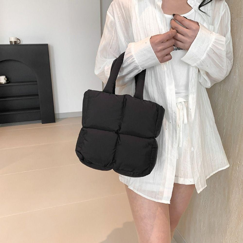 Lfinds Space Cotton กระเป๋าถือ, สีทึบไนลอน Cloud Tote Bag, แฟชั่นเบาะความจุขนาดใหญ่ Handle Puffy กระเป๋าสะพายทุกวัน