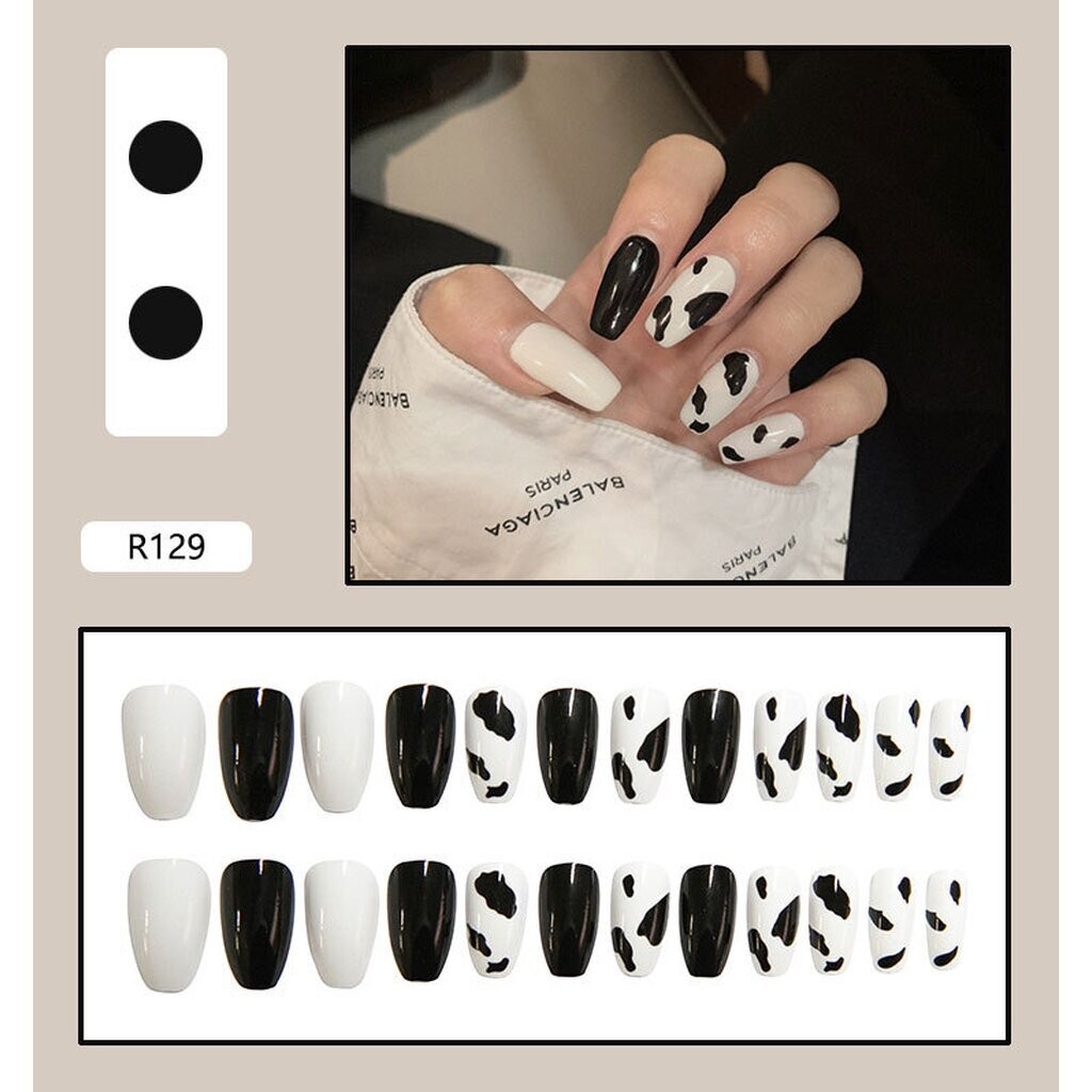 PPHOO✨# สีดำ ยาวกลาง เล็บสวย เล็บปลอม กล่อง 24 ชิ้น