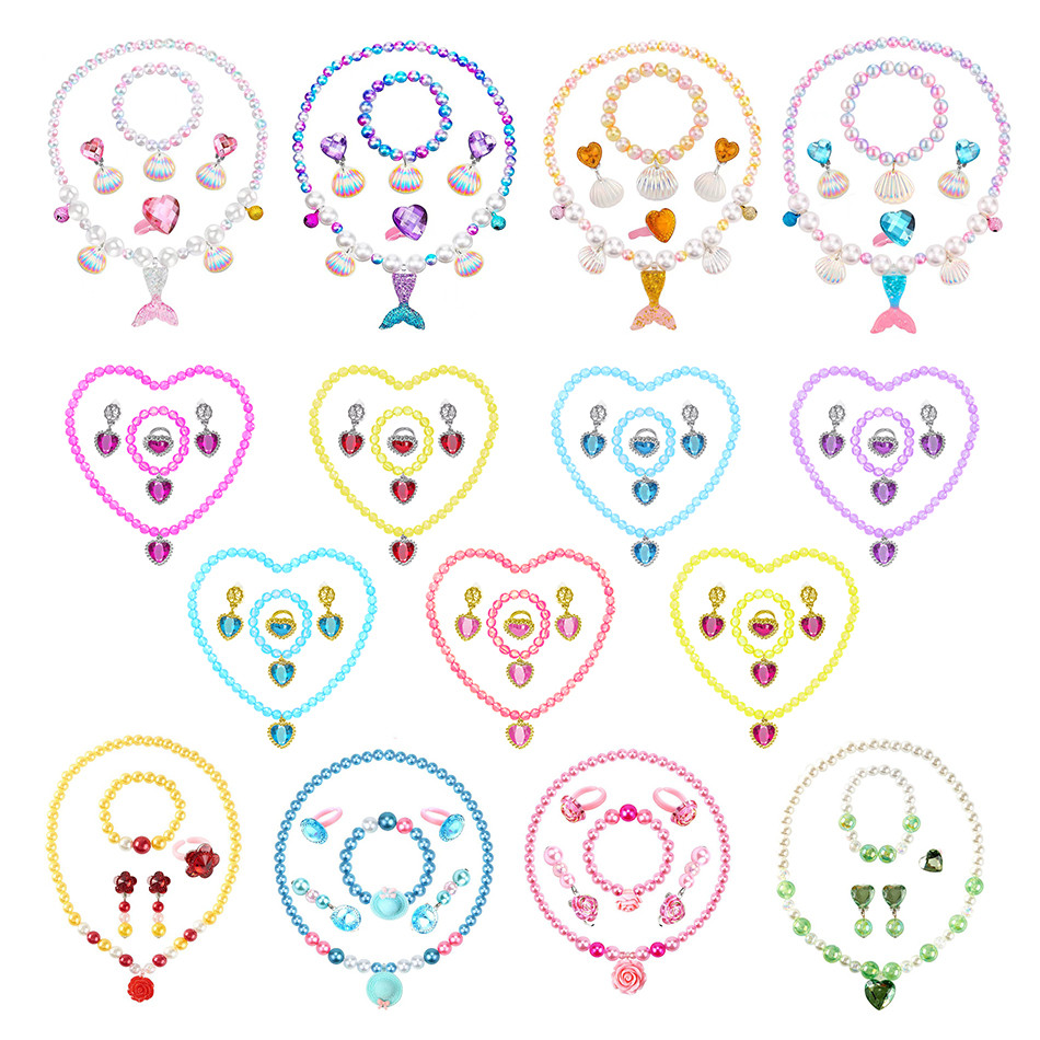 Disney Frozen Anna Elsa Jewelry Sets Girl Little Memaid Snow White Necklace Eardrop Rings