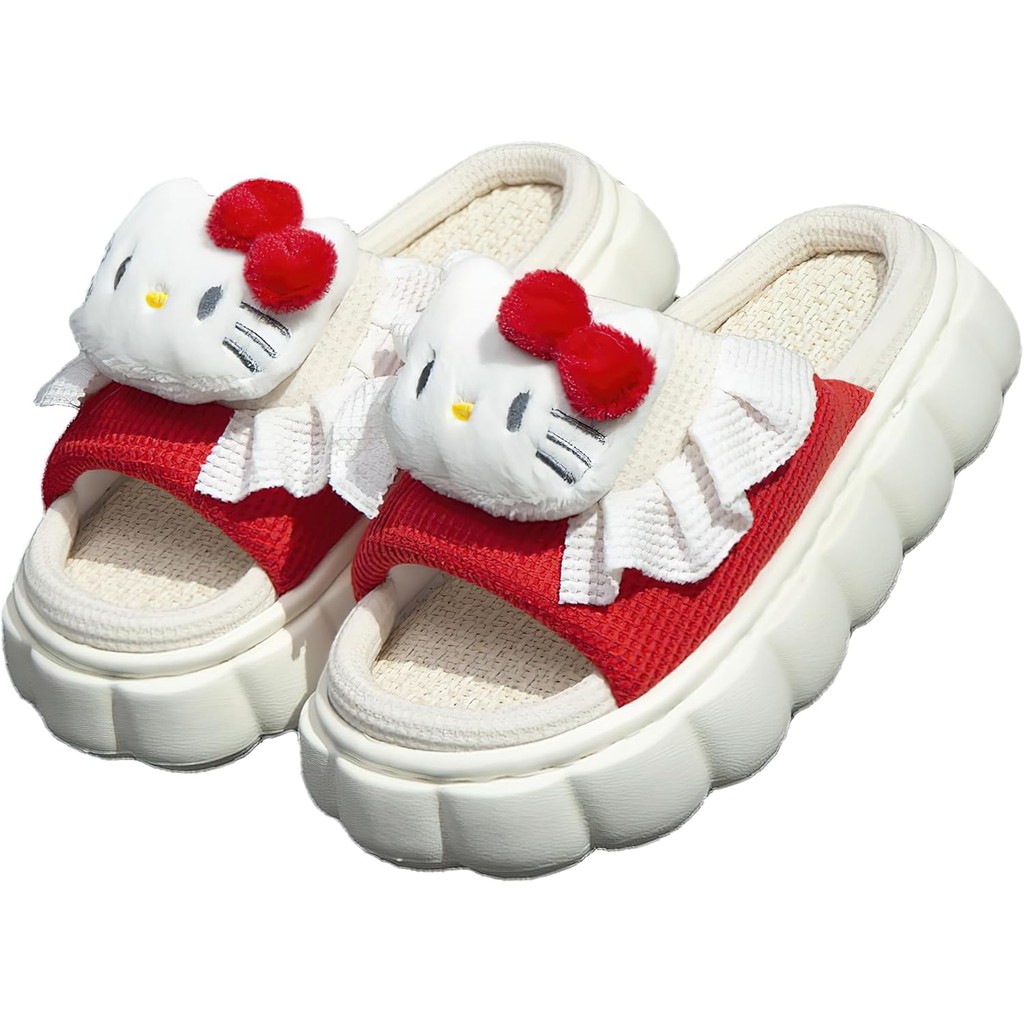รองเท้าแตะ น่ารัก Cinnamaroll Sanrio Kuromi Kitty Furry Slides - การ์ตูนผู้หญิงผ้าลินินรองเท้าแตะ Mute ผ้าลินินรองเท้าสไลด์สําหรับผู้หญิง