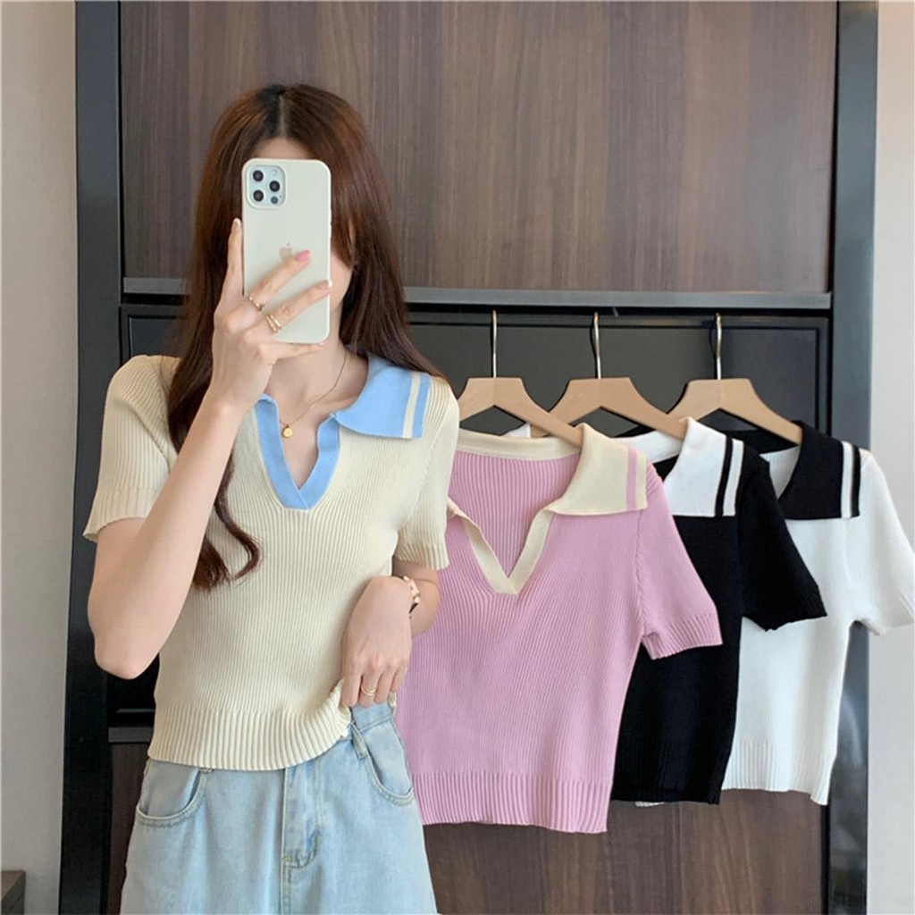 Lune_Graceเสื้อไหมพรมคอปกแขนสั้น ดีเทลตัดสีตรงขอบคอสุดน่ารัก แฟชั่นมาใหม่แนวเกาหลี-พร้อมส่ง-รุ่น1217