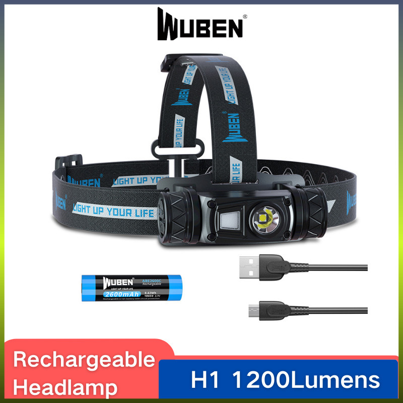 Wuben H1 ไฟหน้าแบบชาร์จไฟได้ไฟหน้าที่มีประสิทธิภาพ 1200Lumens P8 LED น้ําหนักเบาสําหรับ Runing ตกปลา