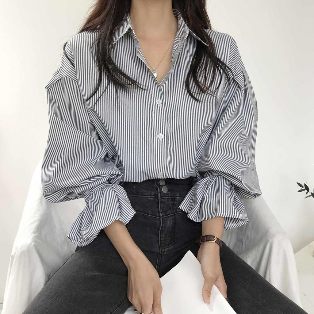 Lune_Grace เสื้อเชิ้ตแขนยาวลายทาง ดีเทลแขนจั้ม ทรงหลวมแฟชั่นเกาหลี เท่ๆ-พร้อมส่งจากไทย-รุ่นw432