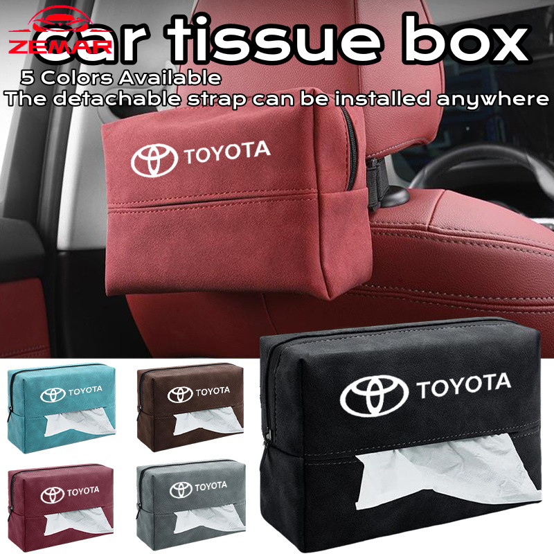 1pc Toyota กล่องกระดาษทิชชูรถพร้อมฝาครอบหนังนิ่มที่ถอดออกได้สายรัดติดตั้งง่ายมัลติฟังก์ชั่กล่องกระดาษทิชชูสําหรับ Toyota Prius Fortuner Corolla Cross CHR Camry Wish Vios Veloz Estima Sienta Yaris Ativ Altis Hilux Revo bZ4X Hiace