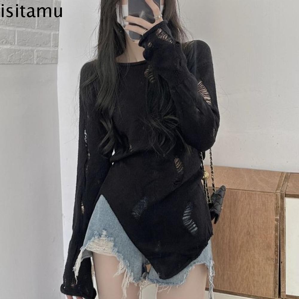 Isitaft เสื้อยืดแขนยาวถักหักหลุม Y2K Hollow Pullovers Top, Casual Ins Slim Wasteland สไตล์ตาข่าย Crop Tops Party