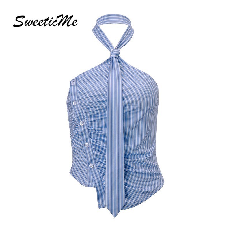 Sweeticme ผู้หญิง 2024 ใหม่แฟชั่นไม่สม่ําเสมอลาย Slim Fit Halter เซ็กซี่ Tank Tops Camisole