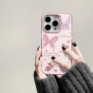 🔥COD🔥เคสไอโฟน11 for iPhone 16 15 12 14 13 Pro Max XR 14 15 7 8 Plus XSMAX เคสโทรศัพท์มือถือลายการ์ตูนผีเสื้อสีชมพูสวยงาม