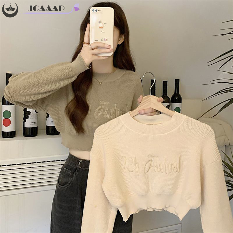 เสื้อกันหนาวแขนยาว คอกลม ผ้าถัก ทรงหลวม ปักลายตัวอักษร แฟชั่นฤดูใบไม้ร่วง สําหรับผู้หญิง