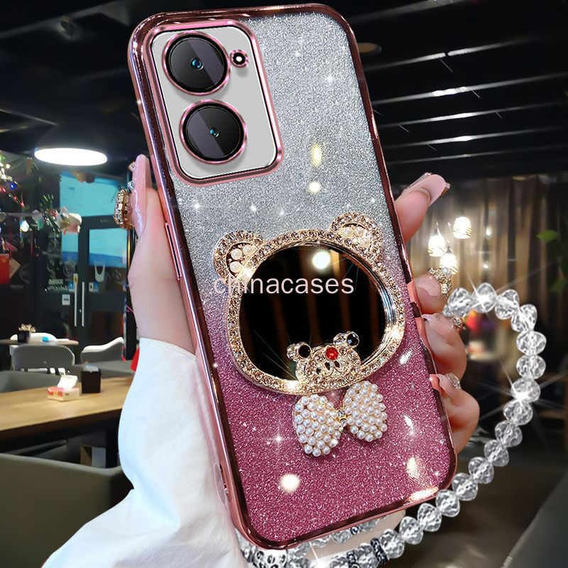 หรูหราglitterชุบvivo Y03 4G Y18 Y28 Y17S Y100 Y200E Y200 V29E Y22 Y22S Y16 Y56 Y35 2022 Y02Sเคสโทรศัพท์ฝาครอบโปร่งใสเปลือกมุกโบว์กระจกแต่งหน้าพร้อมสร้อยข้อมือ
