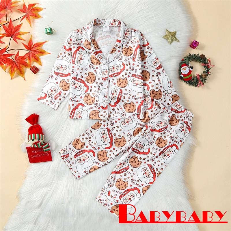 Bab-kids Santa Claus คุกกี้พิมพ์เสื้อแขนยาวพร้อมชุดนอนกางเกง