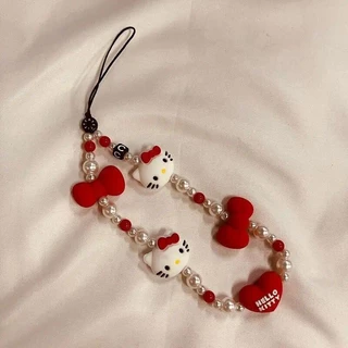 Kawaii Sanrio Mobile จี้ Hello Kitty Anti-lost Lanyard Key ข้อมือสั้นเชือกเครื่องประดับสีแดงพวงกุญแจอะนิเมะผู้หญิงมือถือโซ่