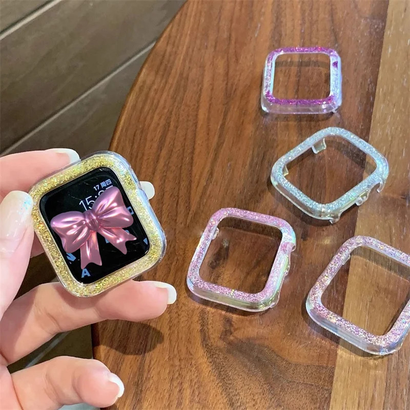 สีชมพูglitter ClearสําหรับApple Watch Case Ultra 49 มม.45 มม.42 มม.40 มม.44 มม.PCกันชนกรอบป้องกันสําหรับIWatch 9 8 7 6 5 SE 4 3