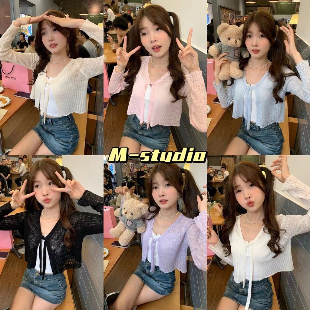 Maze พร้อมส่ง เสื้อคลุมผ้าบาง งานฉลุเต็มตัว แต่งโบว์ด้านหน้าสีสวยน่ารัก เสื้อคลุมกันแดดแขนยาว(T062)