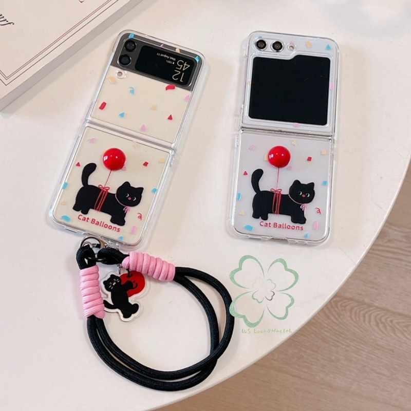น่ารัก Black Cat Ball Clear Case Samsung Galaxy Z Flip 6 Z Flip 5 Z Flip 4 Z Flip 3 Casing with Lanyard Bracelet กันกระแทกฝาหลัง Flip6 Flip5