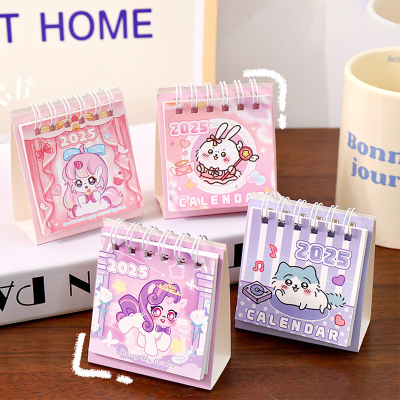 Kawaii การ์ตูน 2025 Mini ปฏิทินตั้งโต๊ะโรงเรียนสํานักงานพับ Coil ปฏิทิน Daily Planner Pad สําหรับนักเรียนเยาวชนวัยรุ่น
