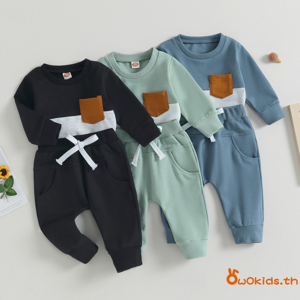 Grao-baby Boys Fall Clothes เสื้อยืดแขนยาวสีตัดกันและกางเกงยางยืดสําหรับเด็กวัยหัดเดิน 2 ชิ้นชุด