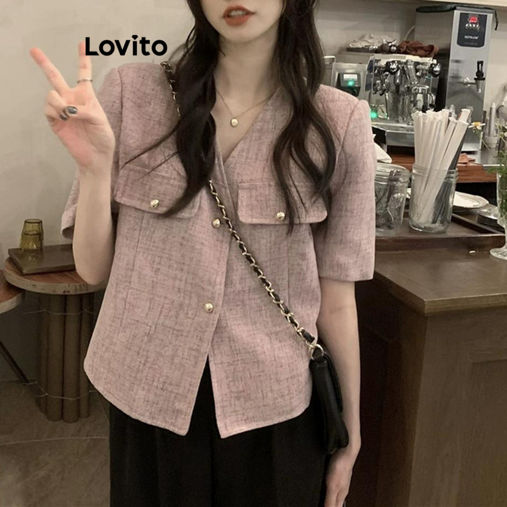 Lovito เสื้อเบลาส์ผู้หญิง มีกระดุม สีพื้น สไตล์ลำลอง LNA63099