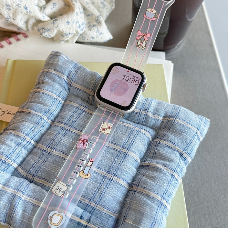 สีชมพูลายโบว์เทียนสําหรับ แอปเปิล ดู พิเศษ 8 7 49 มม. 45 มม. 40 มม. 41 มม. 44 มม. ฉันดู ชุด กับ 6 5 4 3 2 1 ทีพียู สายซิลิโคนใส