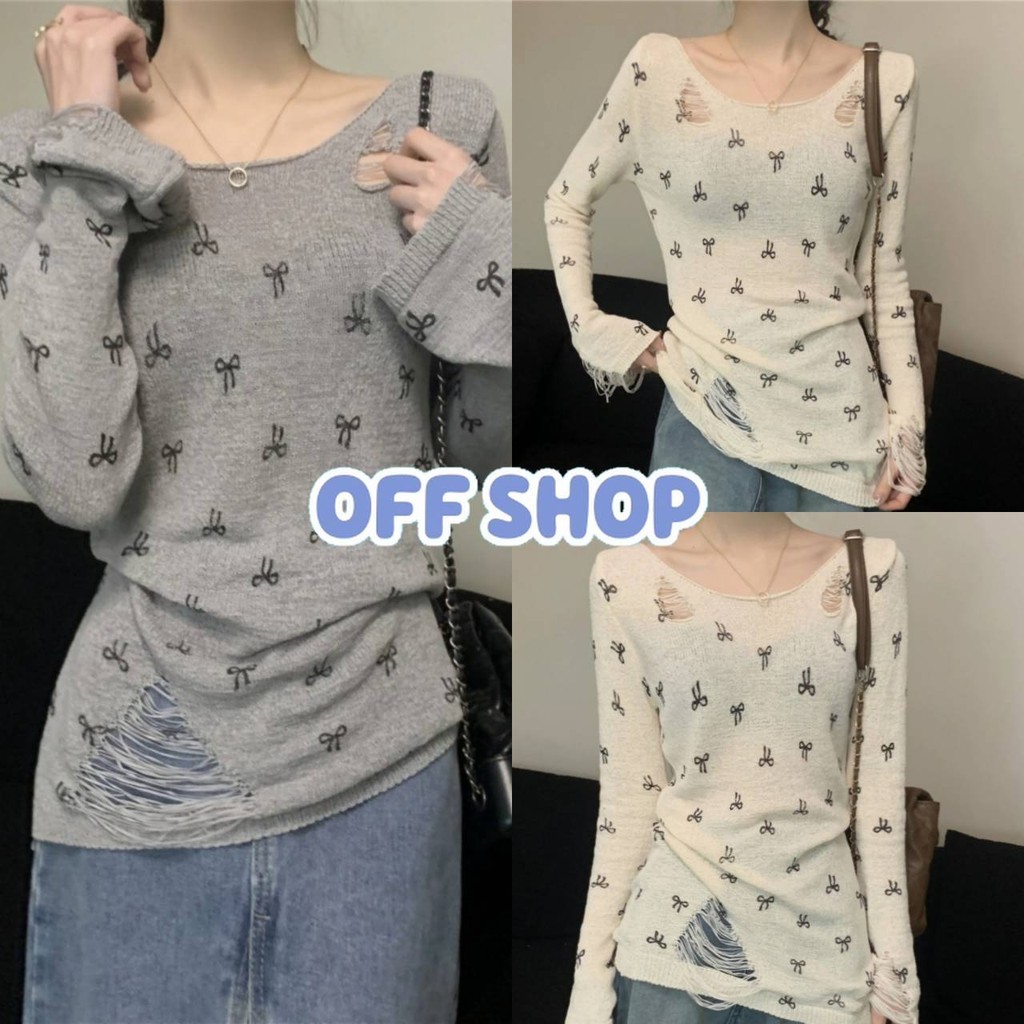 OFF SHOP พร้อมส่ง (OFF-Y6526) เสื้อไหมพรมแขนยาว คอกลมคาวาอี้ ดีเทลซีทรู ลายโบว์