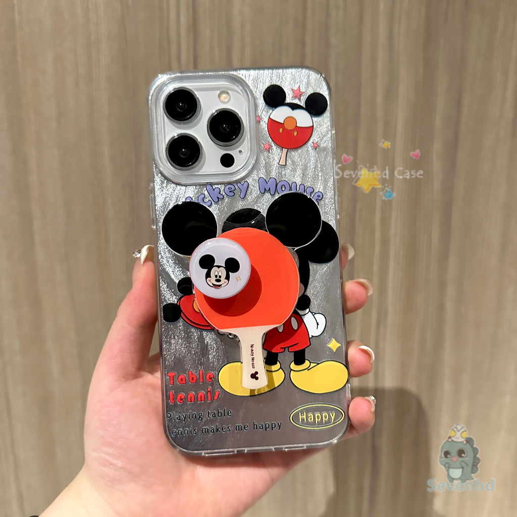 Rotatable Mickey Mouse Holderเคสโทรศัพท์สําหรับiPhone 11 13 14 15 16 12 Pro XR X Xs Max 7 8 Plus SE 2020 Luxury Ultra Feather Silver INS High-Endอินเทรนด์กันกระแทกปกหลัง