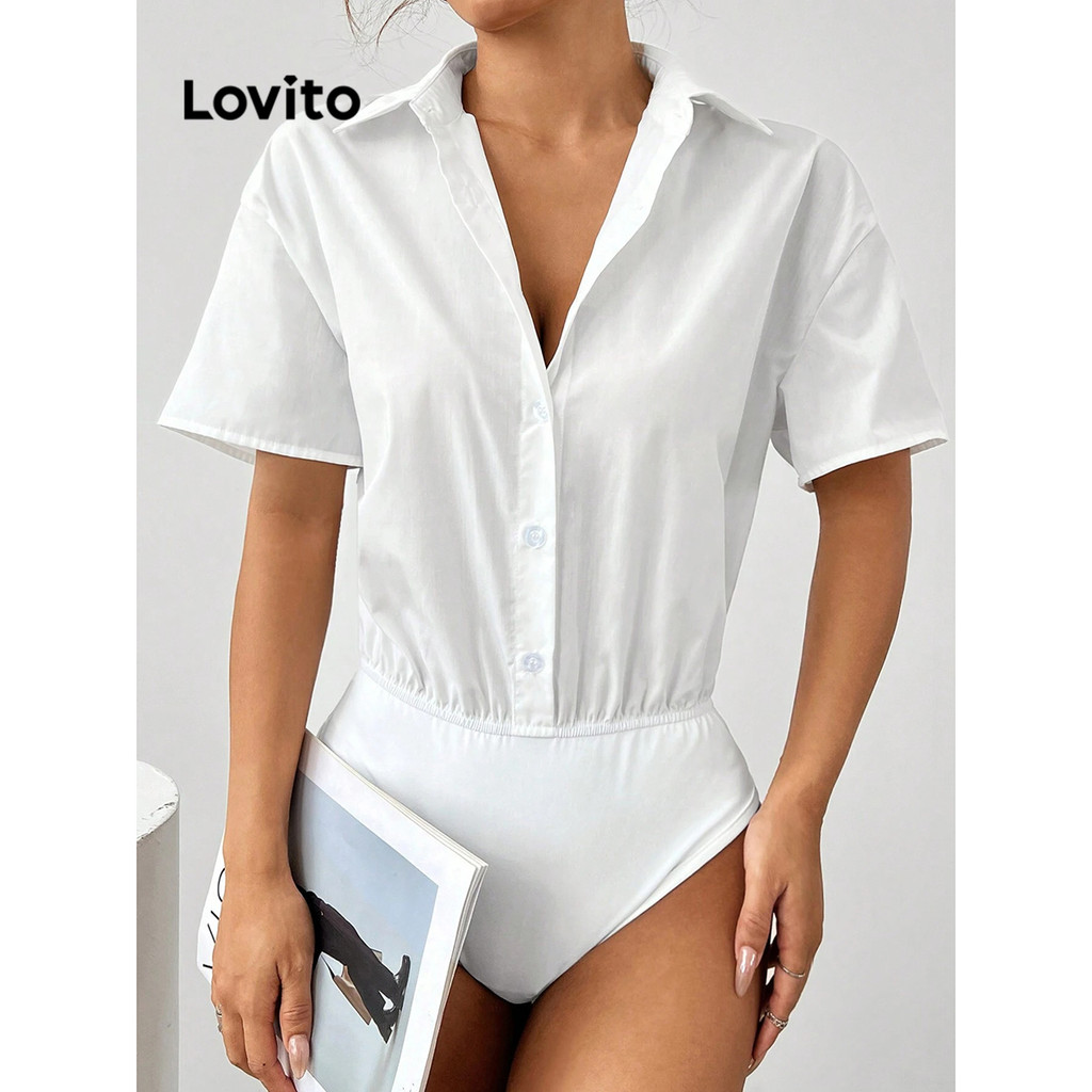 Lovito บอดี้สูทด้านหน้าปุ่มธรรมดาหรูหราสำหรับผู้หญิง LBL16239