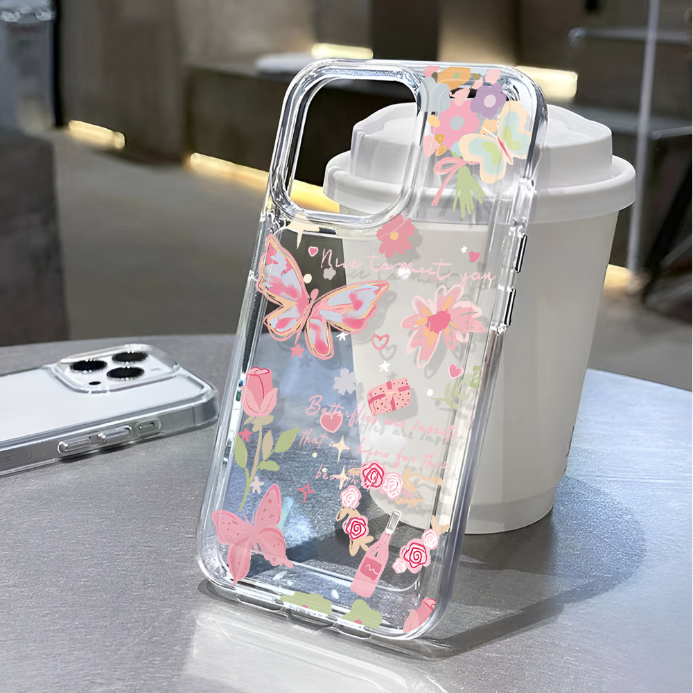 โปร่งใสสําหรับ iphone 16 pro Max 11 15promax 14 13 12 7Plus X XS Max 8 7 ดอกไม้สีชมพูผีเสื้อกันกระแทก