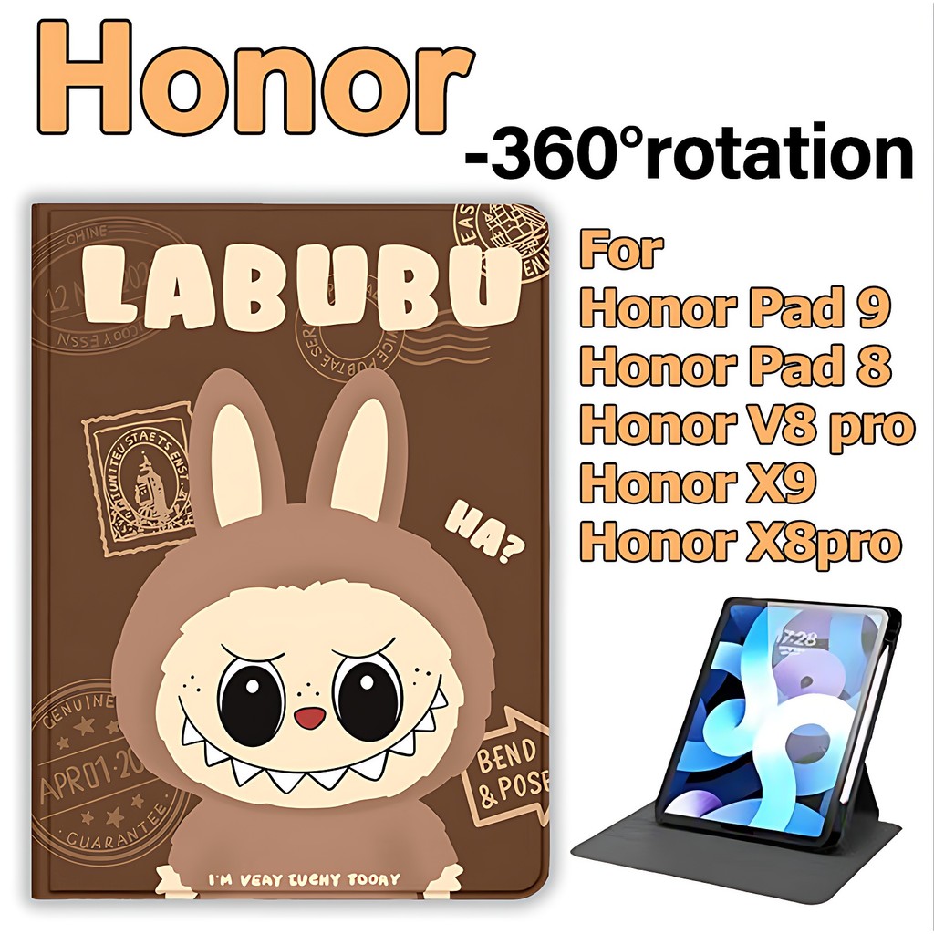 เคสฝาพับ หมุนได้ 360° Honor Pad 9 12.1นิ้ว / ออเนอร์ แพด X9 11.5นิ้ว ผู้ถือปากกาด้านขวา Honor Case For Honor Pad 8 / Honor Pad V8Pro /Pad X8Pro Lovely LABUBU เคส Honor
