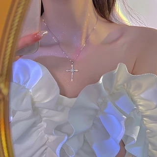 Necklaces สร้อยคอจี้ไม้กางเขน สําหรับผู้หญิง คริสตัล สีเงิน กระดูกไหปลาร้า โซ่เค้นคอ เครื่องประดับ อุปกรณ์เสริม