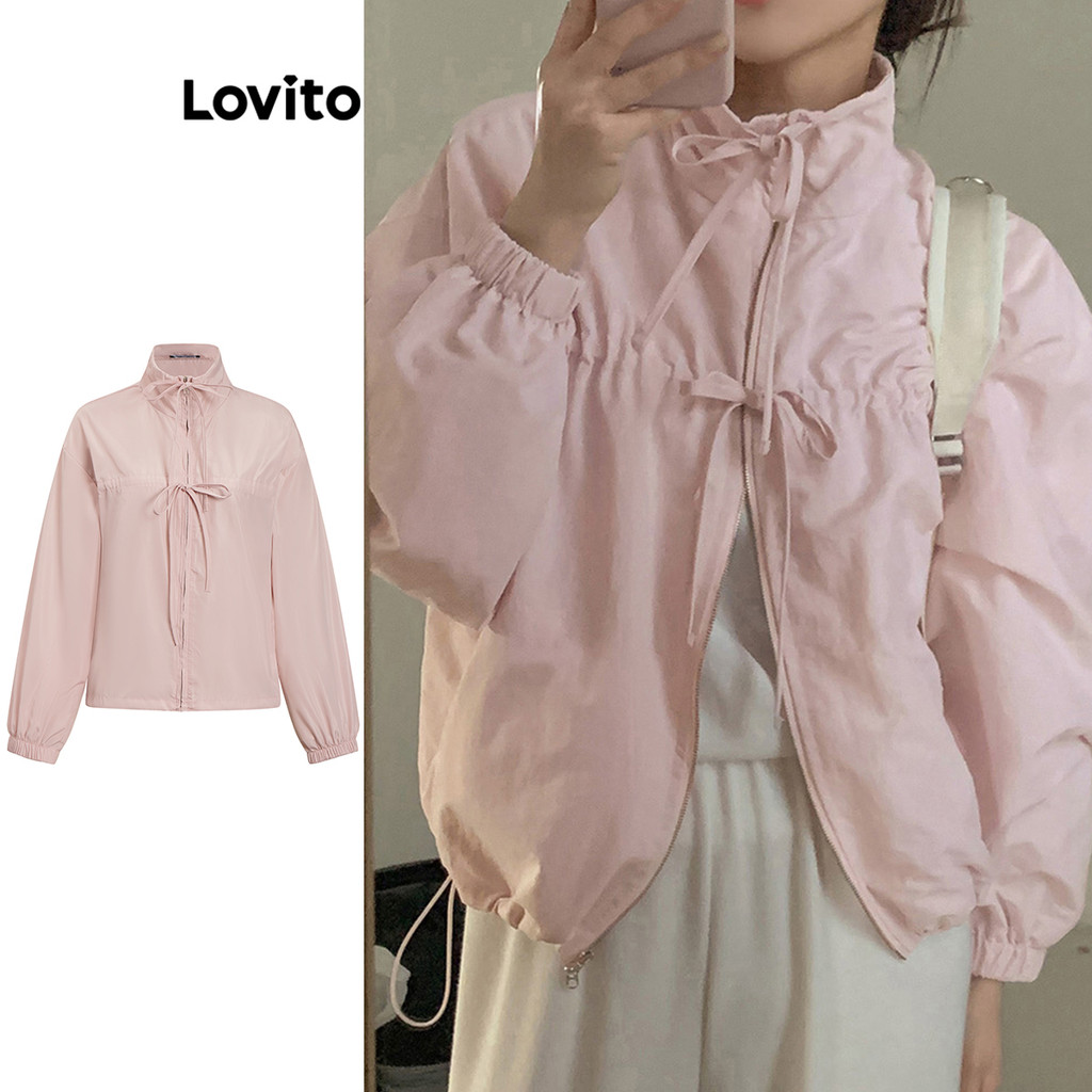 Lovito แจ็คเก็ตเชือกสำหรับผู้หญิงแบบสบาย ๆ ซิปธรรมดากระเป๋ารูดสำหรับผู้หญิง L100MD286