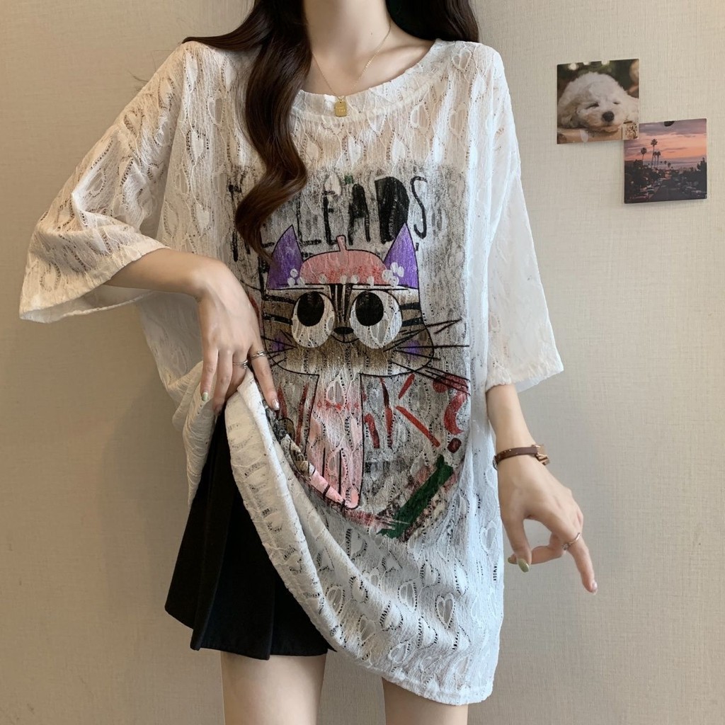 ขนาดใหญ่ขนาดลูกไม้ ผ้าแจ็คการ์ด การ์ตูนพิมพ์แขนสั้นเสื้อยืดผู้หญิง 2024 หลวม ผอมลง ดูไขมัน มม ด้านบนผู้หญิง