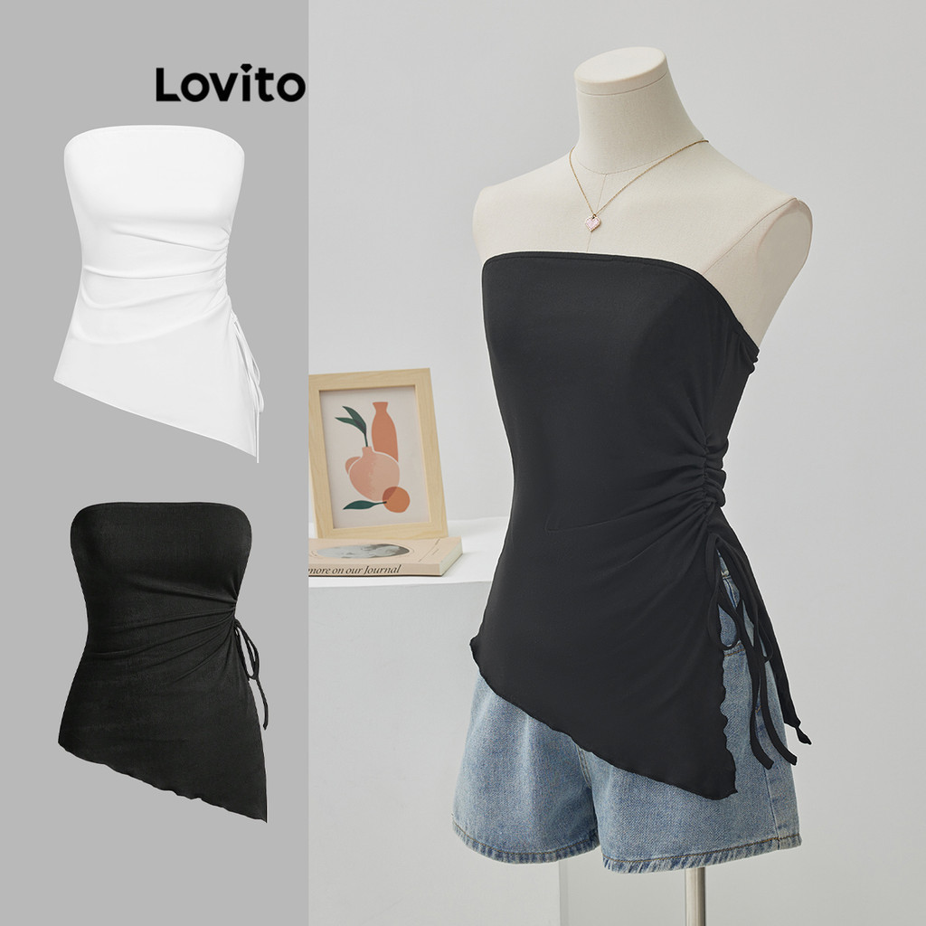 ซื้อ Lovito เสื้อกล้ามผู้หญิง เชือกรูด อสมมาตร สีพื้น สไตล์ลำลอง L68ED053 (สีดำ)