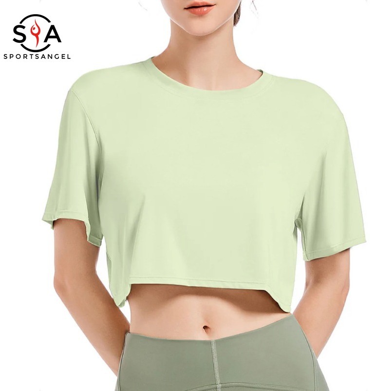 Sportangelsports Top ผู้หญิงผ้าไหมน้ําแข็ง Cool Feeling หลวมเสื้อยืด Gym Fitness Crop Top