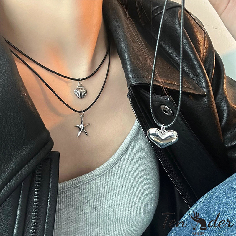 COD-ส่งเร็วจากไทย🎀สร้อยคอจี้หัวใจผู้หญิงปลาดาวสีเงินโซ่ไหปลาร้าหวานหนังเย็นเชือกสร้อยคอ-Tender